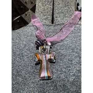 Purple ribbon with glass bead and cross pendant